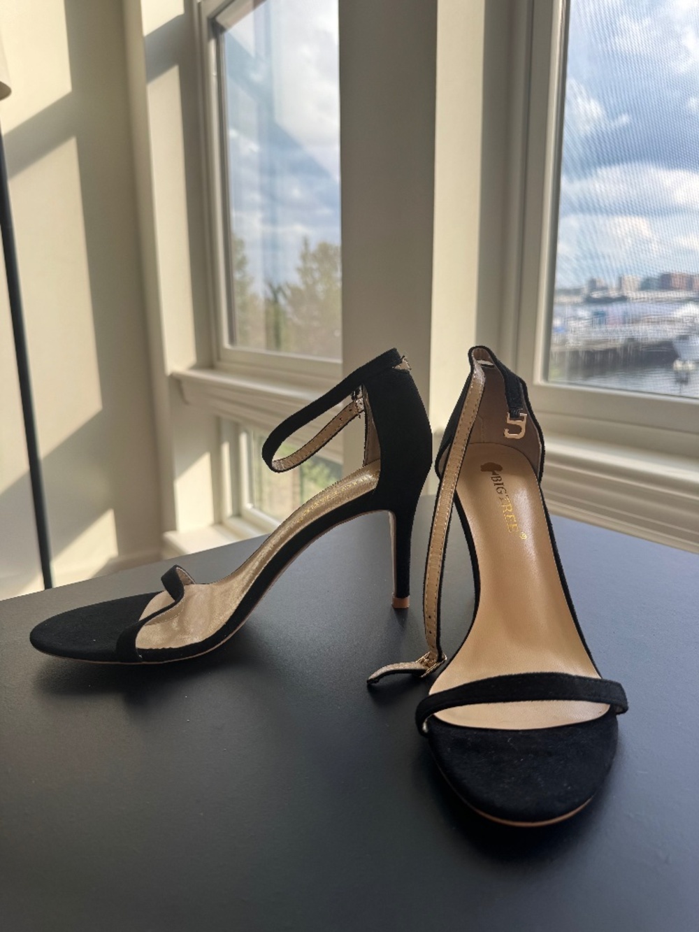 Black Faux Suede Strappy Stiletto Heels Ankle Strap Sandals Size 7.5